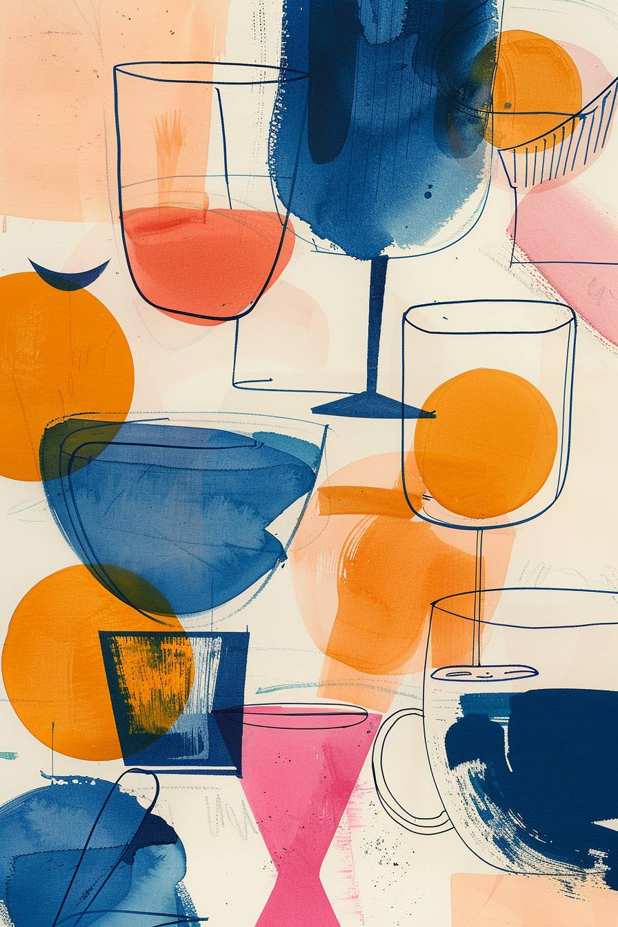白地に、青・ピンク・オレンジのアブストラクトなコーヒーカップとワイングラスの絵があり、りょうたけまさのようなスタイルで、さまざまなスクリブルや傷跡が描かれています。柔らかい色合いを使い、優しい曲線が描かれており、子供のような doodle のような感じがあります。明るい背景に、大胆な線と鮮やかなイラストが描かれており、ダークでロマンチックなイラストのスタイルです。ミニマリストのアパートメントに最適です。