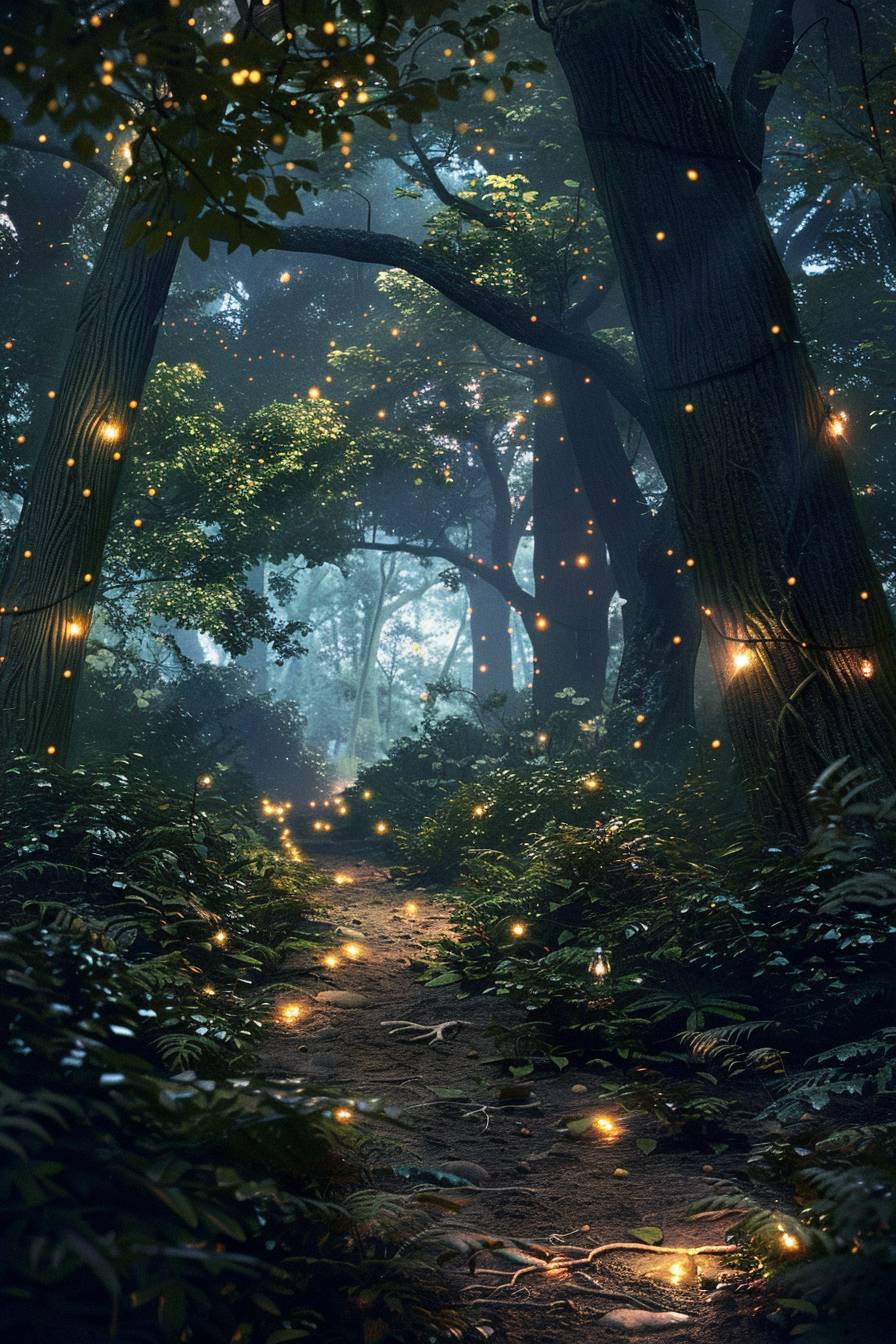 In the style of Peter Elson, fairy lights lead the way through a dark forest