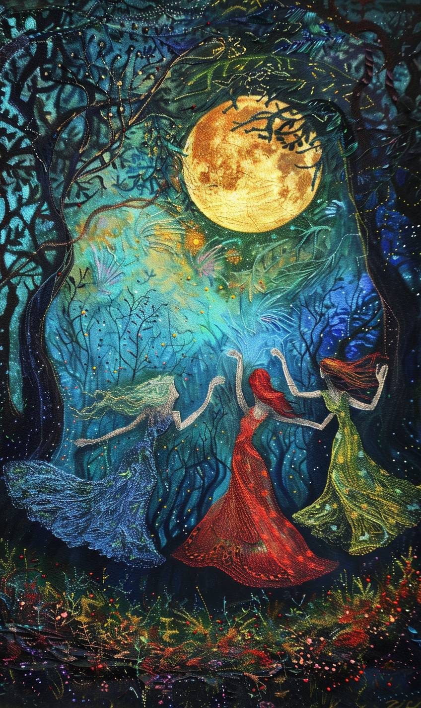 In style of Eric Carle, Ethereal beings dancing in a moonlit clearing