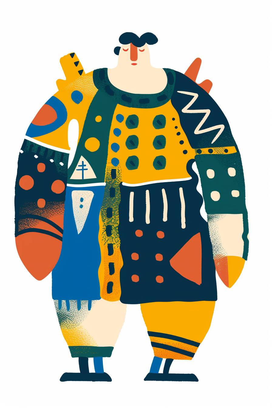 In the style of Etel Adnan, warrior character, full body, flat color illustration