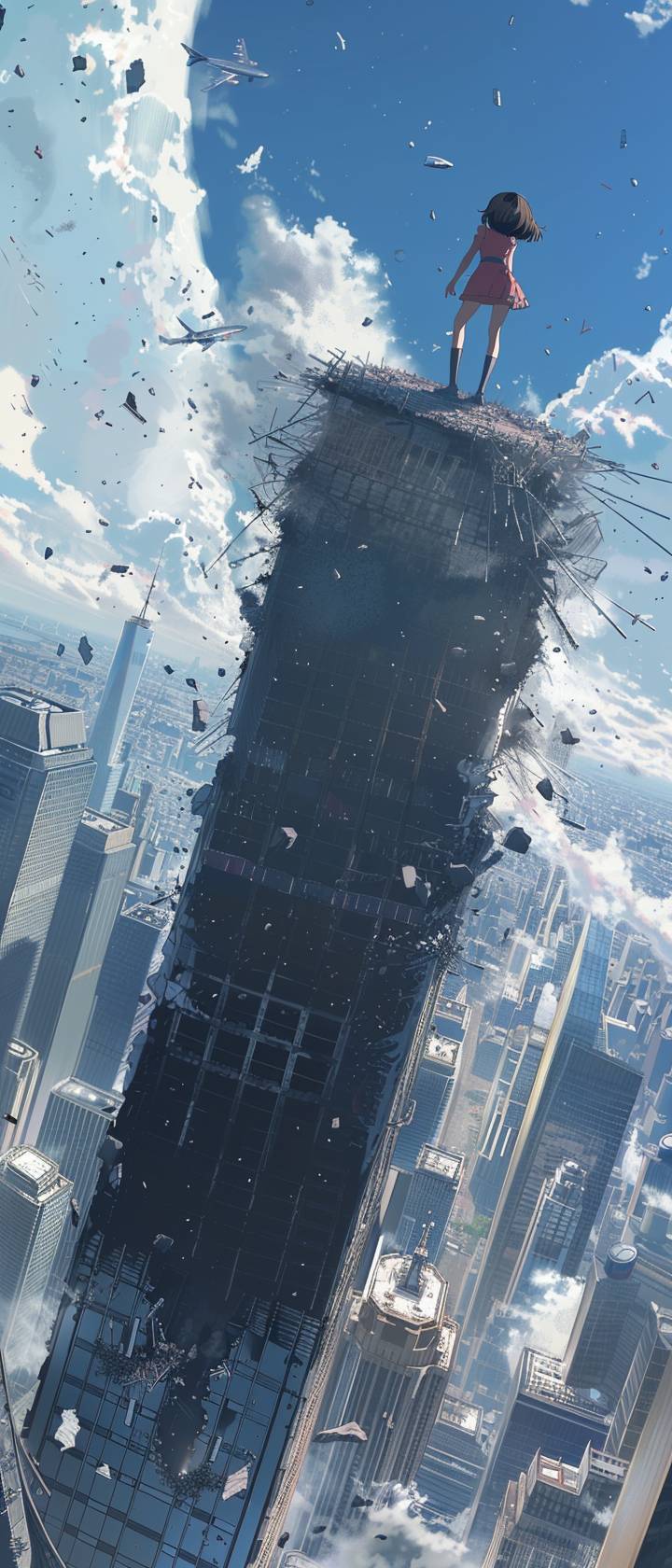 アニメの少女が、飛行機の衝突を受けた後に世界貿易センター北塔の上に立ち、倒れる様子を見つめています。