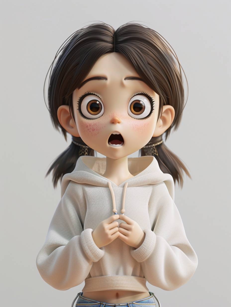 3D rendering of cute anime girl with big eyes, surprised expression, full body shot, Pixar style, high resolution, high detail