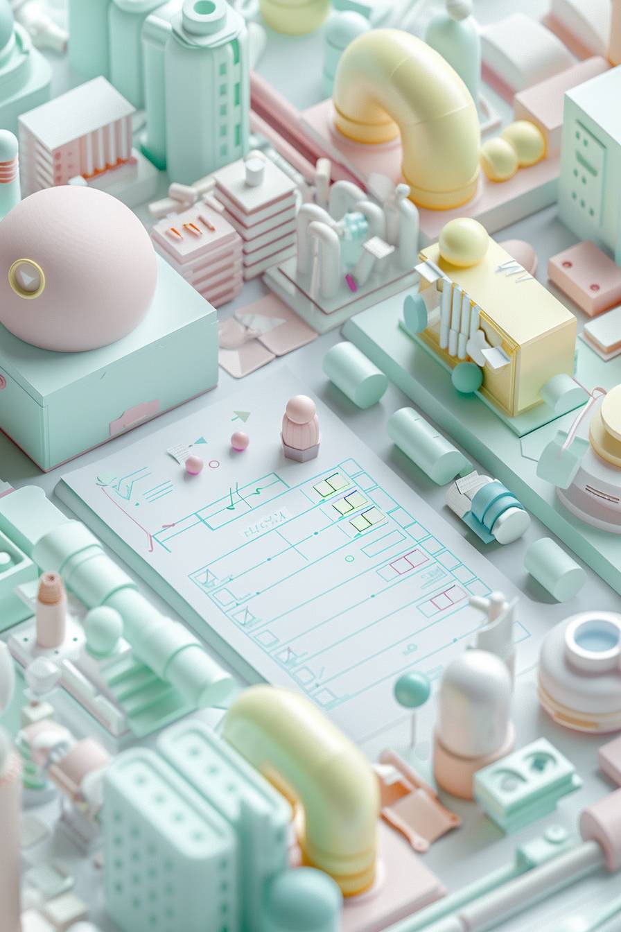 A charming 3D rendering in soft pastel colors features a document icon with checklists marked correct and wrong, accompanied by a chart. The isometric view adds depth and perspective, while the clay material style gives a tactile, handmade feel to the elements.