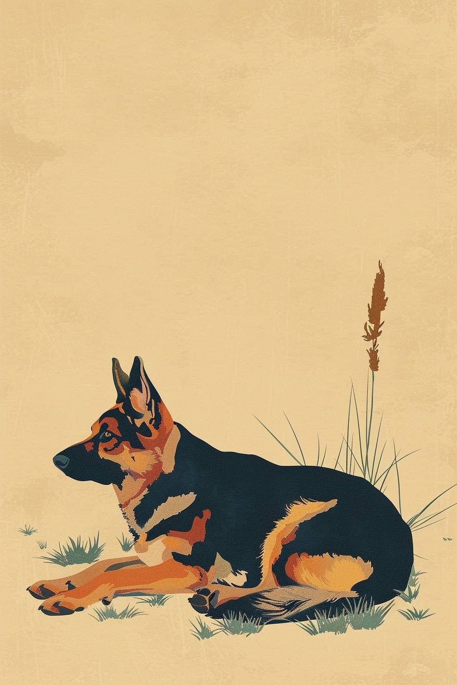 日本のイラストレーター、応援大介によって創られた、草の葉を持った地面に横たわるドイツの羊飼い犬。ユーモラスでシンプルな線と明るい色彩。