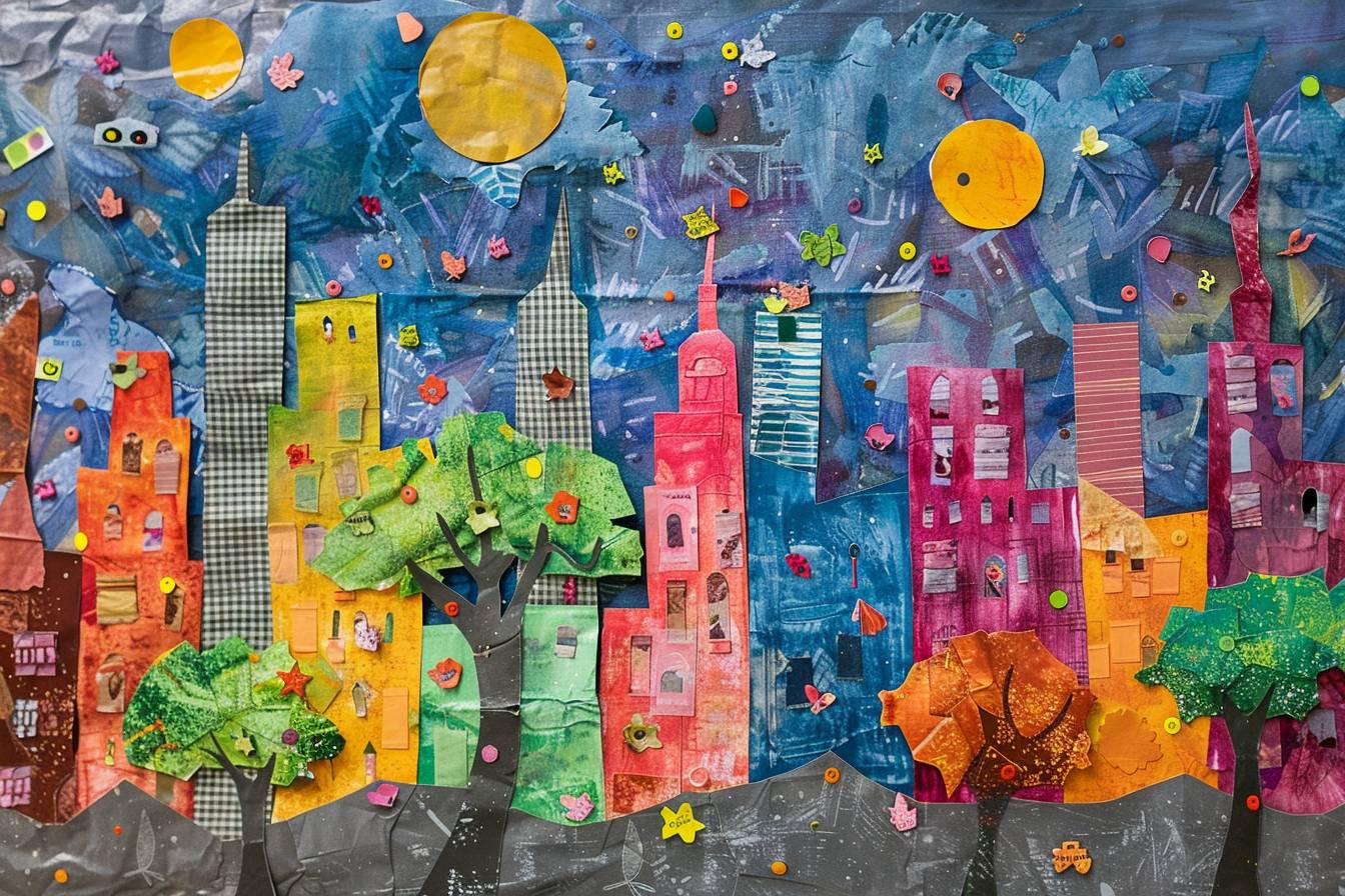 In style of Eric Carle, city landscape