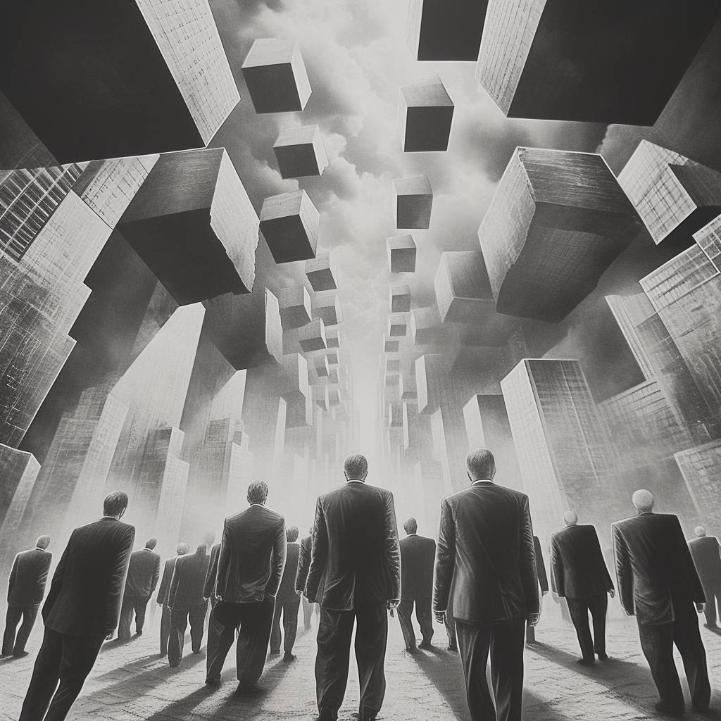 Best picture quality, monochrome, exquisite, oil painting quality, prisoner's dilemma, cement forest, high-rise buildings, alienation, unconscious suppression, men in suits, a large number of men in suits, neatly lined up, walking, Mobius ring, social dilemma, surrealism, distorted cube, two-dimensional real number projection plane, torus