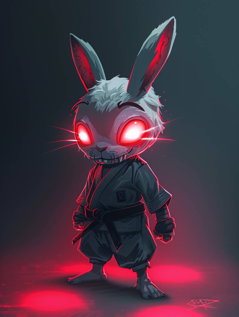 Full body white rabbit in judo uniform with glowing red eyes and a psychotic smile, in the style of the invader zim show by Jhonen Vasquez.