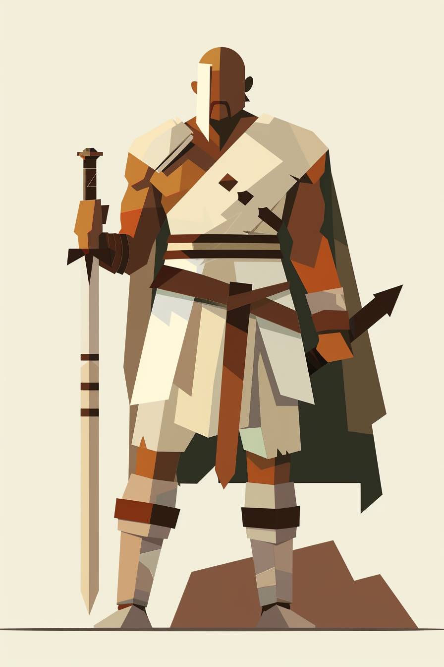 ニコラ·ド·ステール風のスタイル、戦士キャラクター、全身、フラットカラーイラストレーション