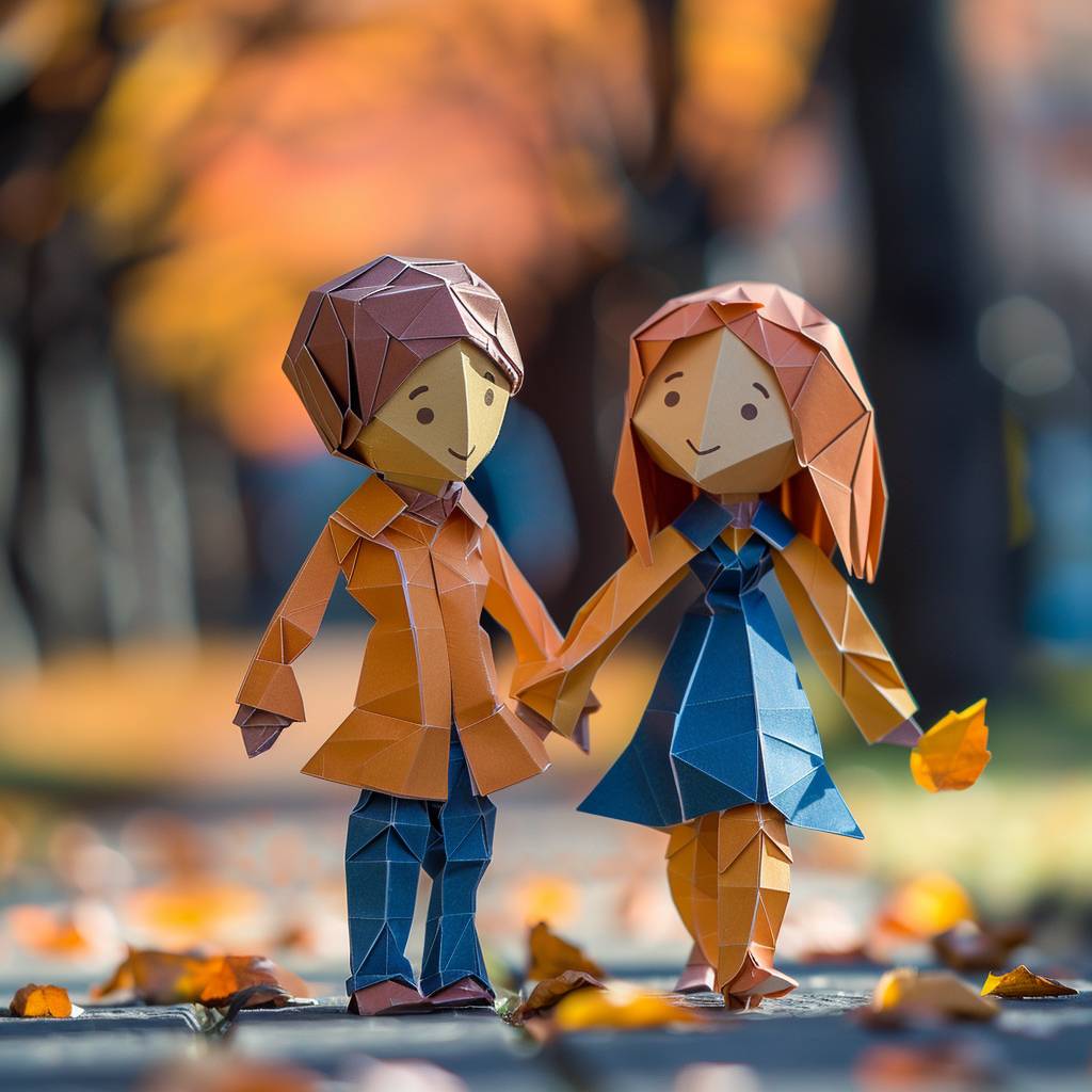 The childhood sweethearts walked hand in hand on the campus path, smiling brightly, depth of field control method, origami style, 16k, high resolution--ar 3:2  --v 6.0
