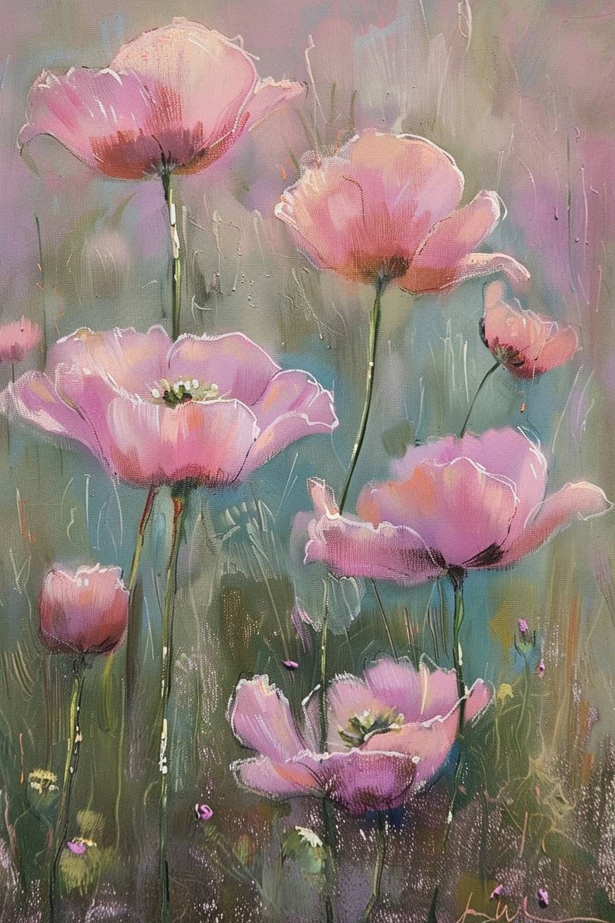 Soft pastel beige flowers in field, painting, macro