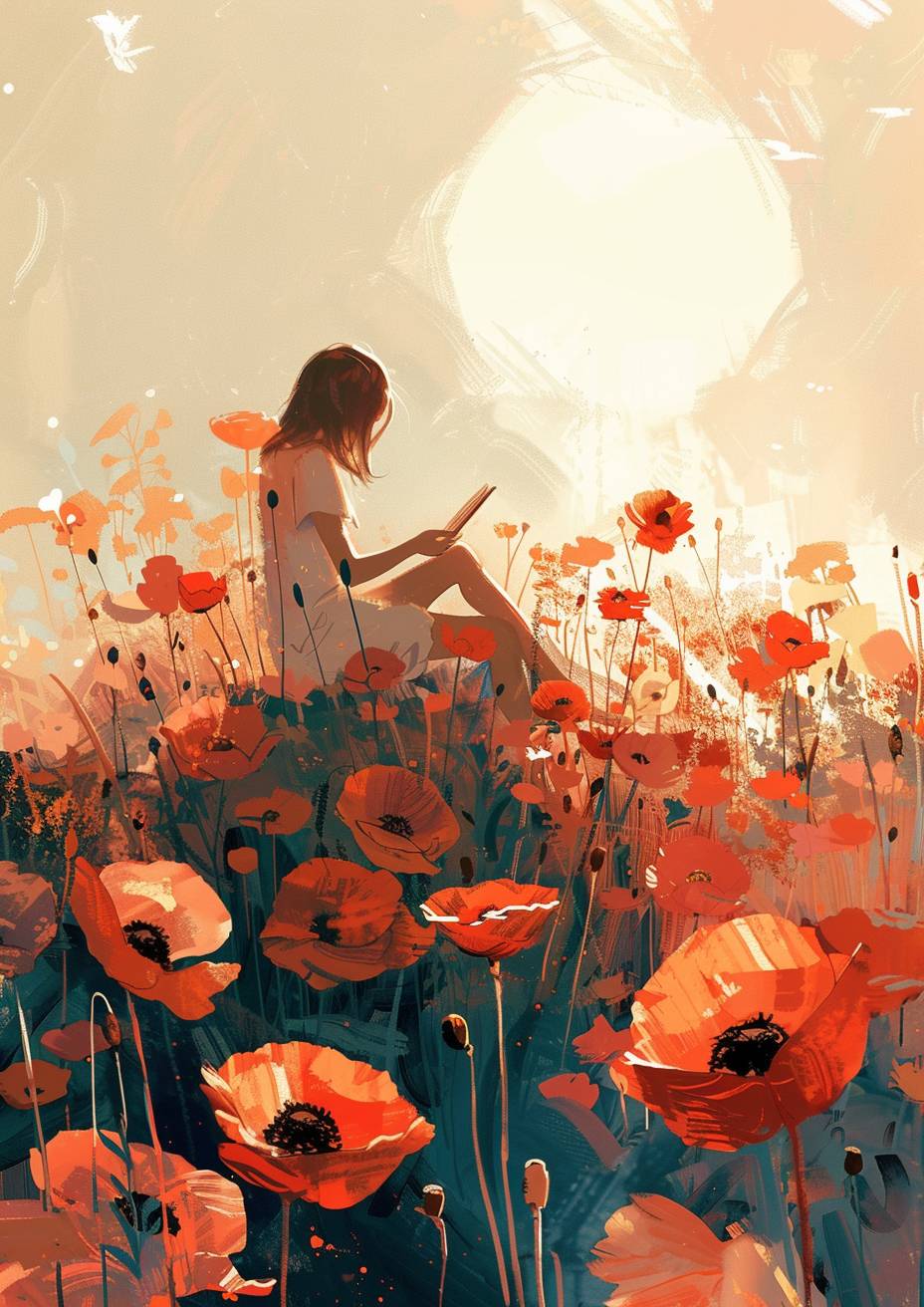 A girl is sitting on top of poppies reading, with the sun shining behind her.