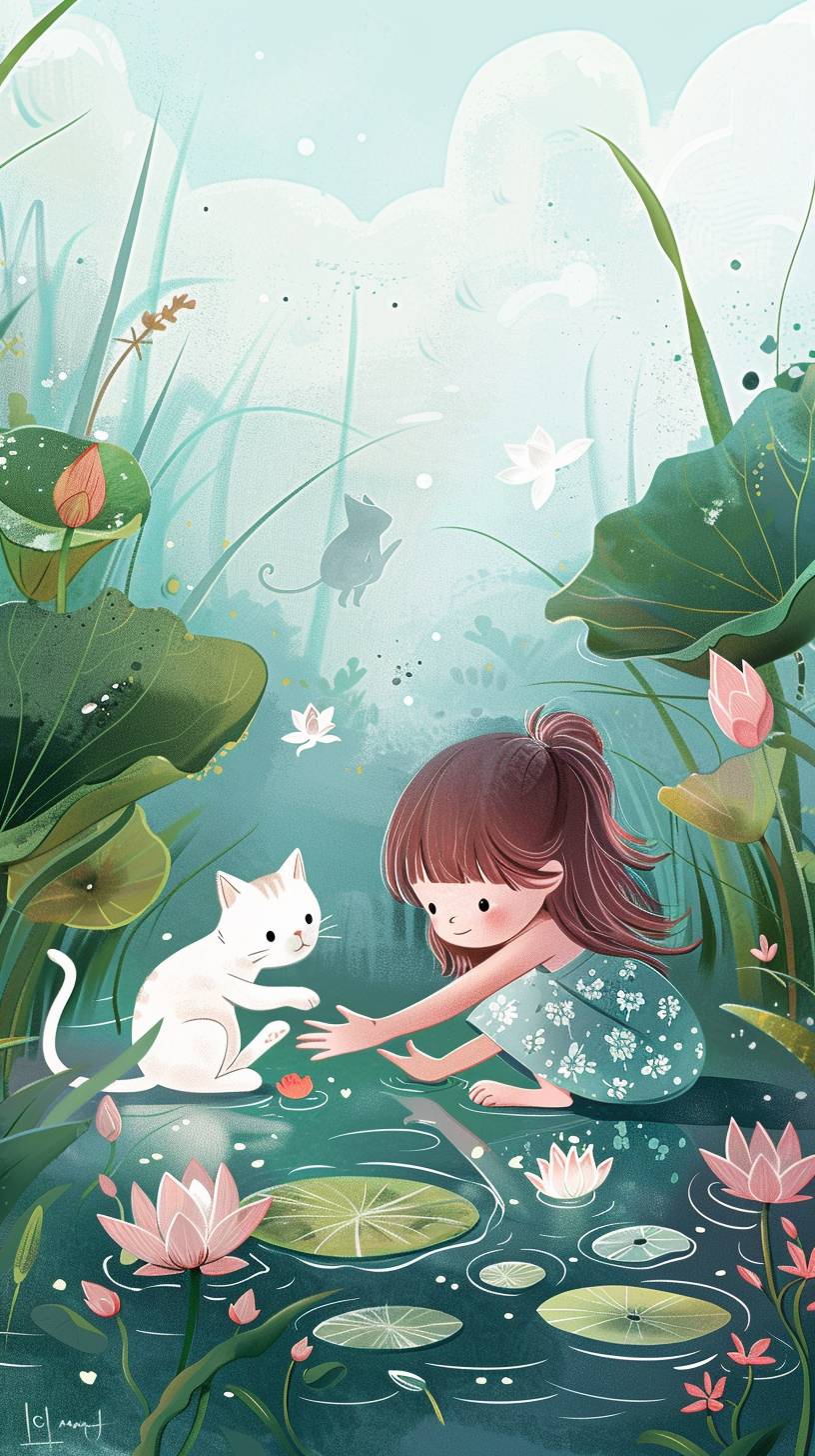 蓮池のそばの草地で子猫と遊ぶ小さな女の子を描いたポスターで、さわやかなカラースキーム、イラスト、清潔な背景を特徴としています