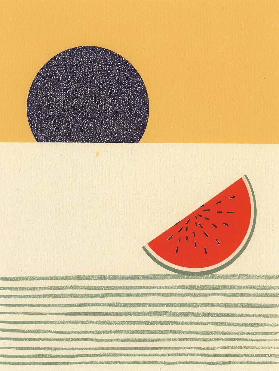 A slice of watermelon painted in the style of Maira Kalman, cute and simple with a yellow background and light green color scheme using lovely pastel colors in a minimalist style creating a retro atmosphere.