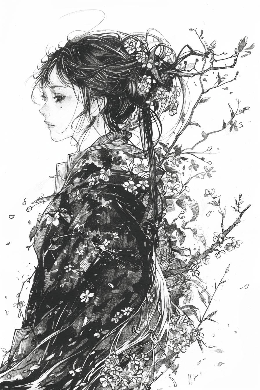 In style of Kawacy, character, ink art, side view