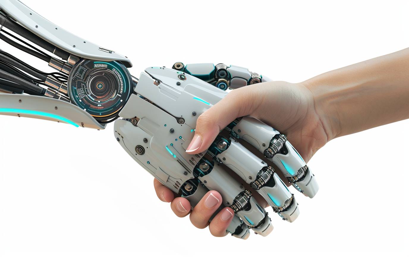 A human hand shaking hands with an artificial intelligence robot isolated on a white background, in a detailed, transparent, high-resolution PNG photo stock close-up shot with sharp focus and in the style of a super realistic image with no blurry background.