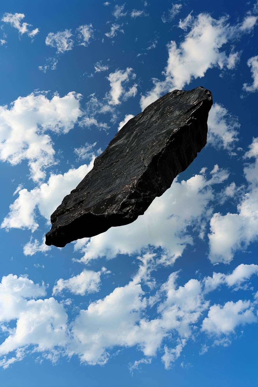 Black old sharp torn black flat silhouette stone with uneven edges, floating over the bright blue cloudy sky