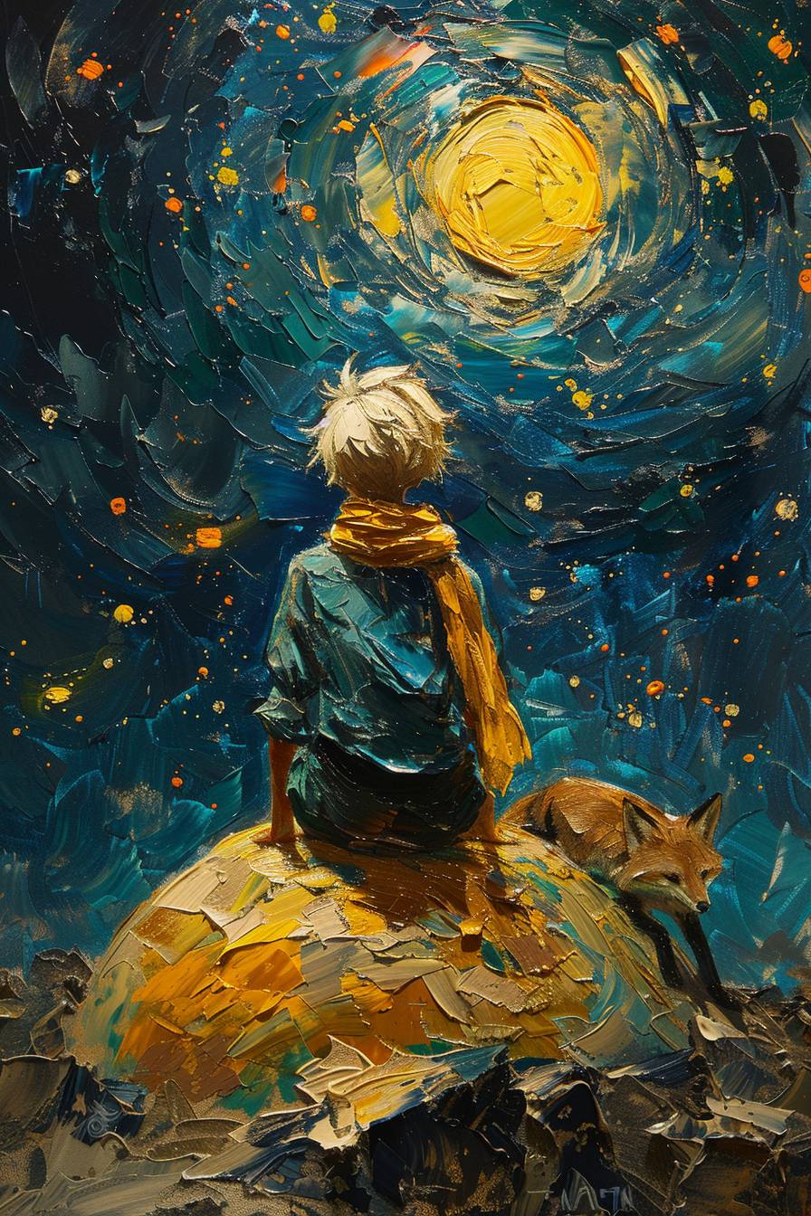 An oil painting showing the back of The Little Prince, sitting on top of a big yellow planet, wearing a long yellow scarf, green cloth, blonde short hair, and a fox, universe, background is the starry night from the painting by Van Gogh, oil brush art.