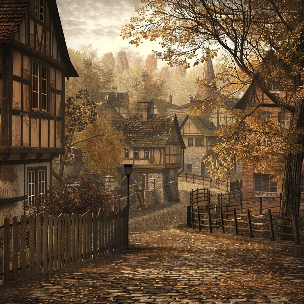 A warm and nostalgic photorealistic scene reminiscent of vintage times. The colors are rich in sepia tones, with muted yellows and rich browns dominating the palette. The image features a quaint and idyllic setting, perhaps a small town or village, with cobblestone streets, wooden fences, and rustic buildings. There's a sense of nostalgia and timelessness in the air, with the warmth of the sepia tones evoking feelings of comfort and familiarity.