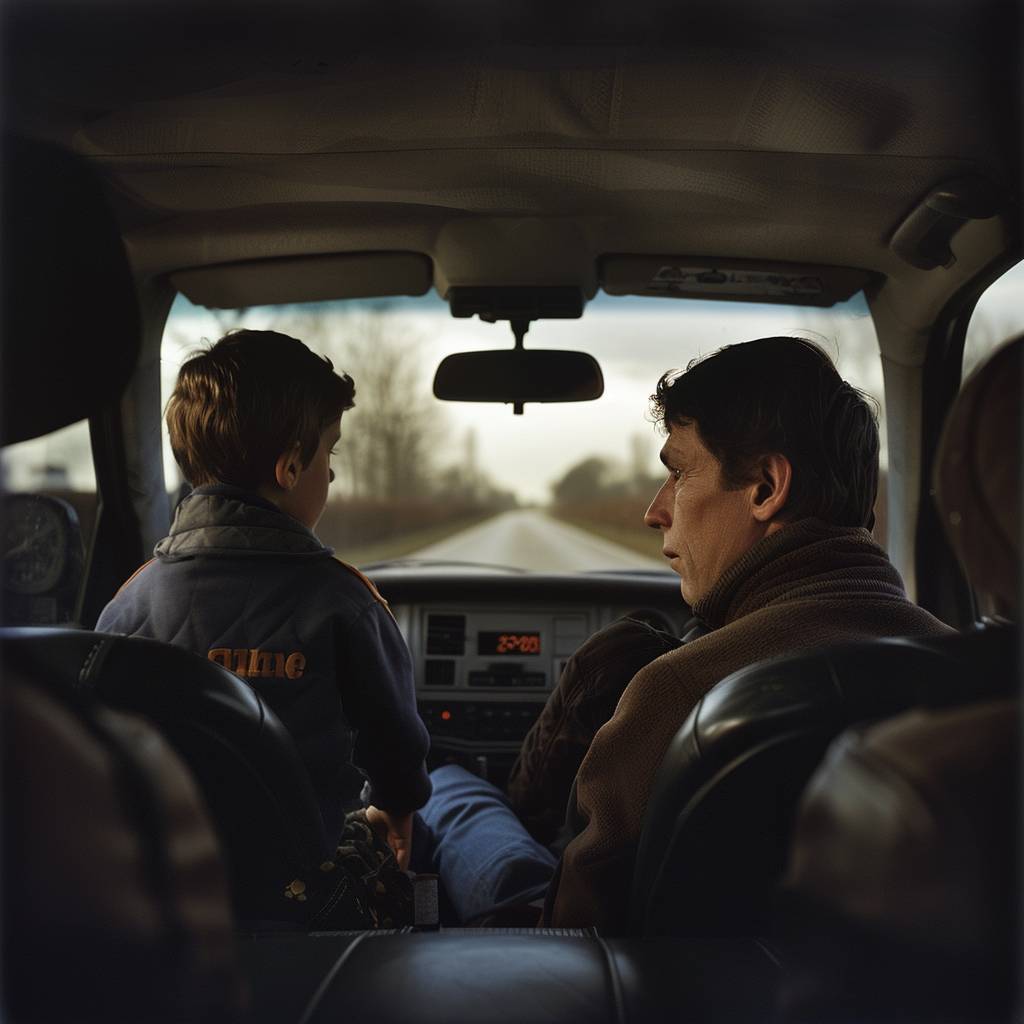 Interior view of a moving car. Father (28 years) and son (10 years) are just getting to know each other and are sitting together in the car, driving to Holland where the father is supposed to pick up drugs. The atmosphere is dramatic and both are strapped in, observing the view through the windshield.