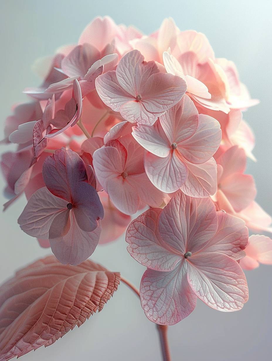 A light pink hydrangea, white background, realistic photography, soft light and shadow, 8k HD
