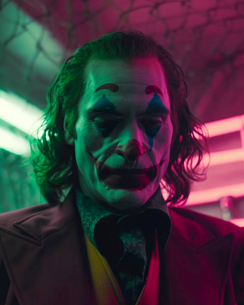 The Joker played by Heath Ledger and Joaquin Phoenix with green and pink underglow. Vintage 1980s horror movie with grainy film footage, directed by Park Chan-wook, Stanley Kubrick, Guillermo del Toro, Kentaro Miura. --ar 4:5 --style raw --stylize 70 --v 6.0