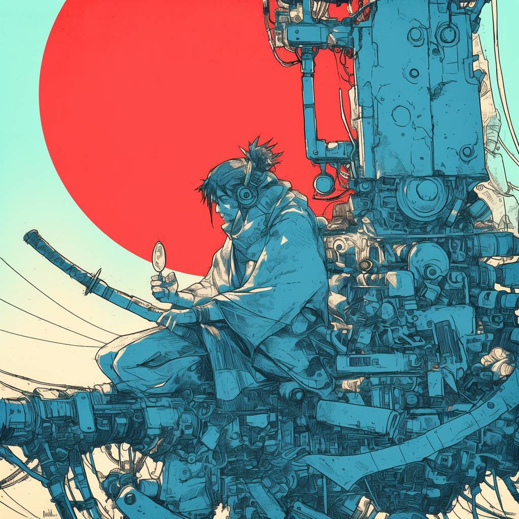 Contemplating cyberpunk samurai scene by Katsuhiro Otomo