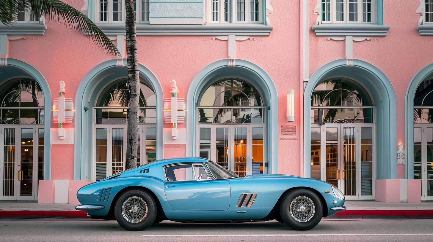 Photo of a sports car, art deco building in the background, pastel colors
