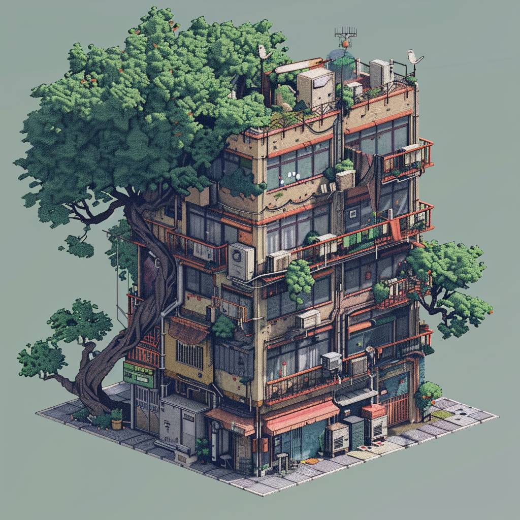 Isometric clean pixel art image of building in tree, style of Tekkonkinkreet --v 6.0