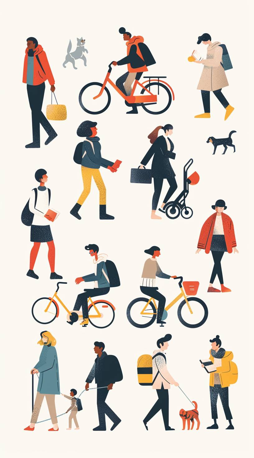 A flat illustration of people in various activities, such as walking with a stocado and dog, riding bicycles or reading books. The people should be diverse in age, gender and skin tone. The background is white to highlight the characters and their actions. There is no text on it so that attention can focus only on the human figures. A single color scheme for all elements would make them stand out more clearly against each other. In the style of flat design and minimalist design.