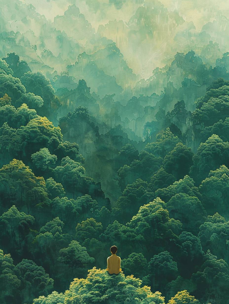 男性が樹木や森林を見つめています。ゆうこ・しみずのスタイルで、細密な葉や緑色、エミリー・カメ・クワリエ、マーク・ケイツビー、トロンプ・ルイユの錯覚的なディテール、尖った丘