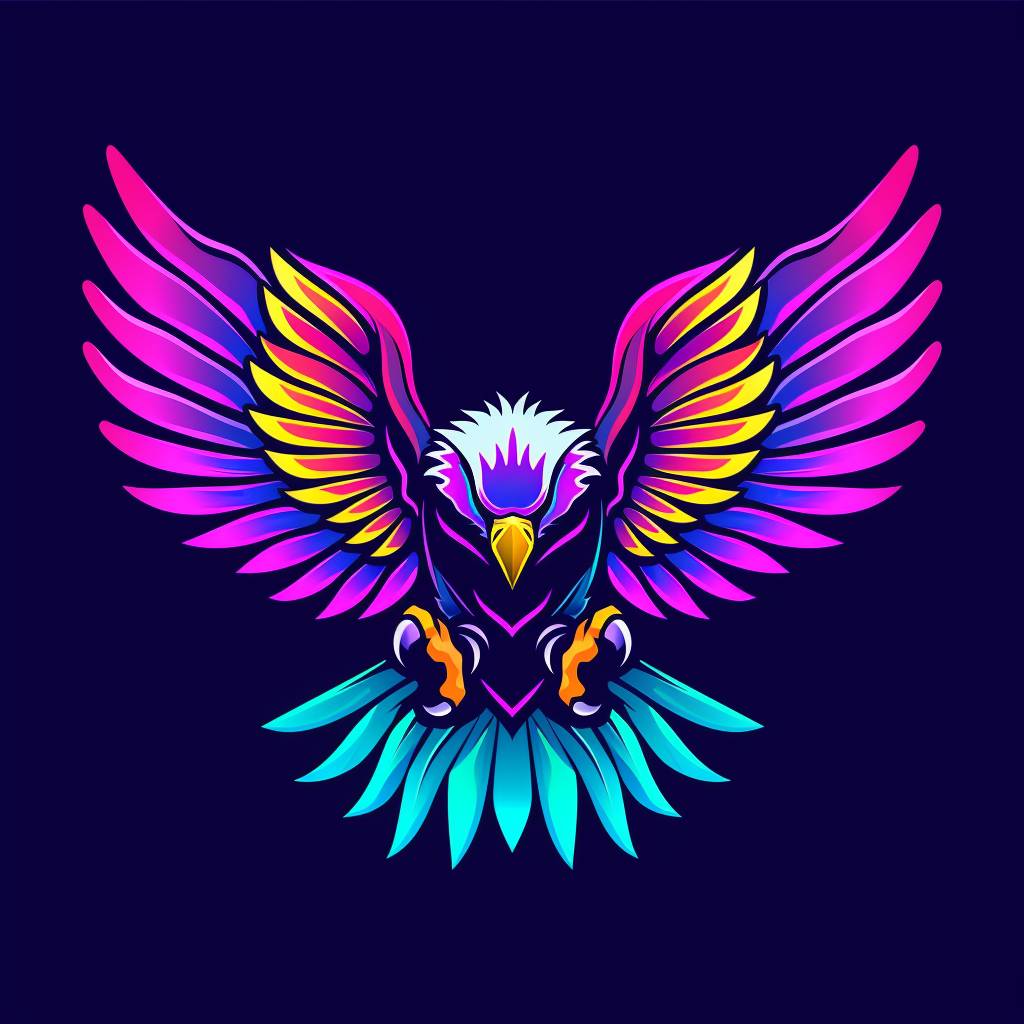 A gaming style logo with an American Bald Eagle flying towards you with wings spread open, vibrant colors, art nouveau.