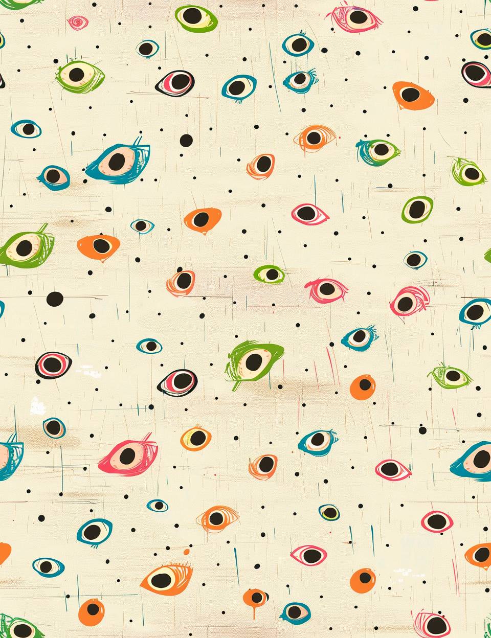 A doodle sketch of a cartoonish little eyes pattern on a texturized wallpaper background simulating junk journal ephemera paper. Feature a playful color scheme of beige, bubblegum pink, lime green, electric blue, and bright orange. The style is characterized by spontaneous, whimsical, thin black outline, with a highlight-focused lighting. Circus fun inspired.