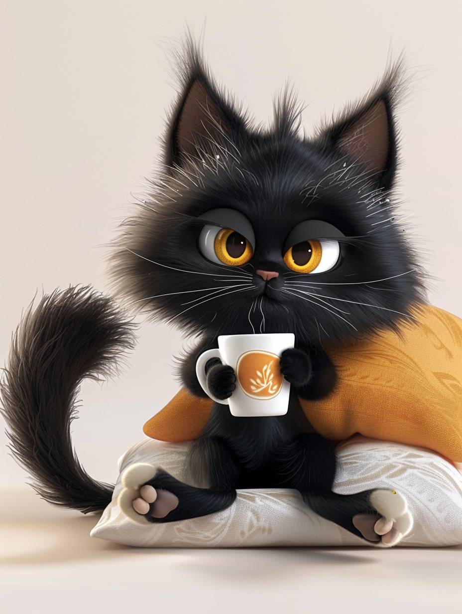 黒いクッションに背中を向けた可愛い黒猫がコーヒーを飲んで座っている、カートゥーンキャラクターデザインと高解像度3Dレンダリング、愛らしい表情をしていて、白い足がコーヒーカップを持っていて、黄色い目とフワフワの黒い尾
