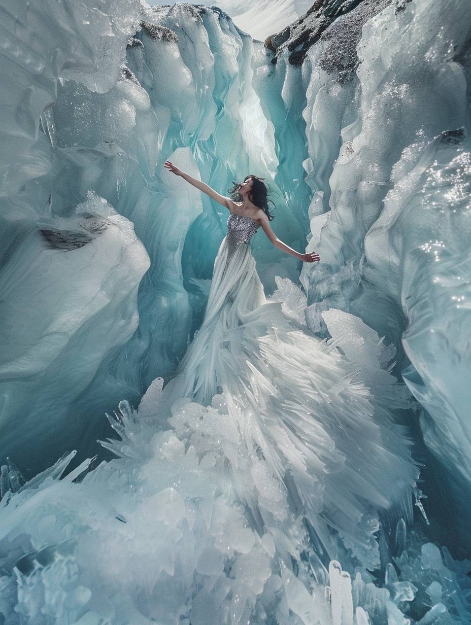 氷の結晶でできた煌めくガウンに身を包んだモデルが、溶けていく氷河の断崖の上に立っています。彼女の周りの氷が割れて崩れ落ち、下には氷の青い水が広がっています。彼女のポーズは劇的で、腕を空に向けて伸ばしたまま、恐怖と驚きが入り混じった表情を浮かべています。柔らかく神秘的な照明の中には、脆弱さと不可知性の感覚が漂っています。