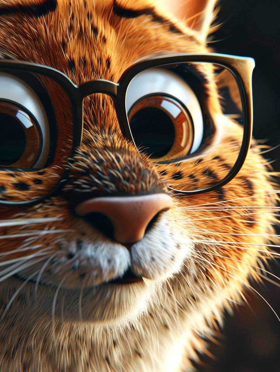 Close-up of a loving face emotion of a Fat Spotted Teenage Cat wearing glasses, 3D cartoon character detailed fur, in the style of Pixar and Disney, super detailed, 16k