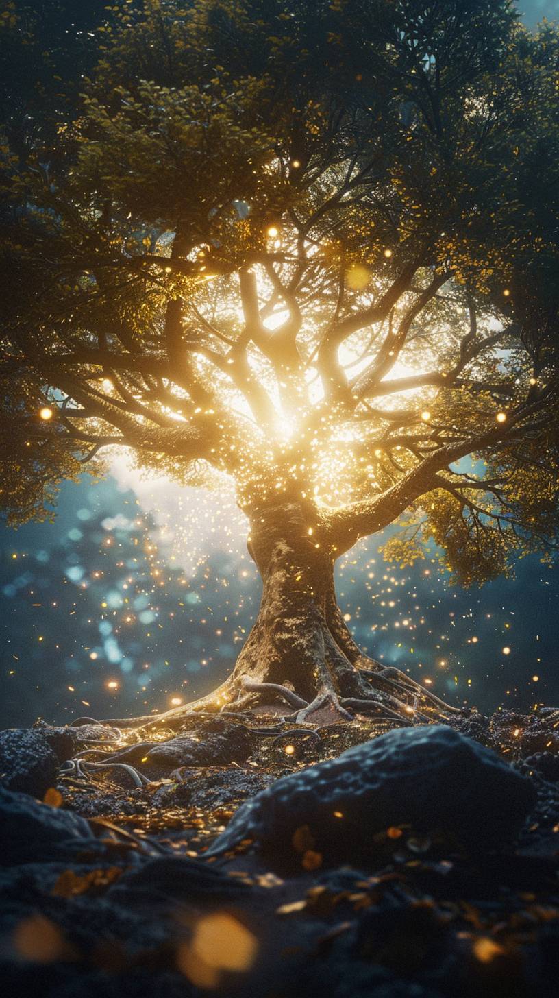 Tree of life, luminescence, vibrant, radiant lighting, cinematic lighting, ambient background, dramatic lighting, beautiful, ethereal, elegant, award winning, ultra realistic, high detail, ultra HD, high resolution, 1080p, 8k, HDR, DTM