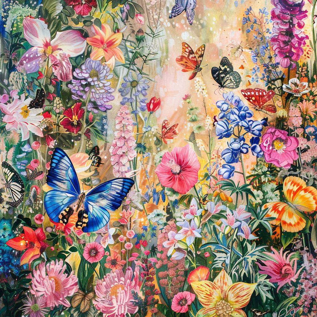 美しい花と蝶がいっぱいの美しい庭園。空気は花が咲いている香りで満たされています。Emilio Pucciの植物図面スタイル--v 6.0のような。