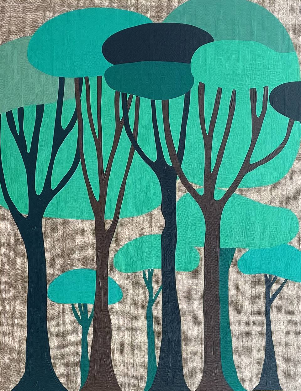 A simple painting of tall trees in the style of mid century modern, with aqua green and brown tones, simple shapes, on a burlap background.