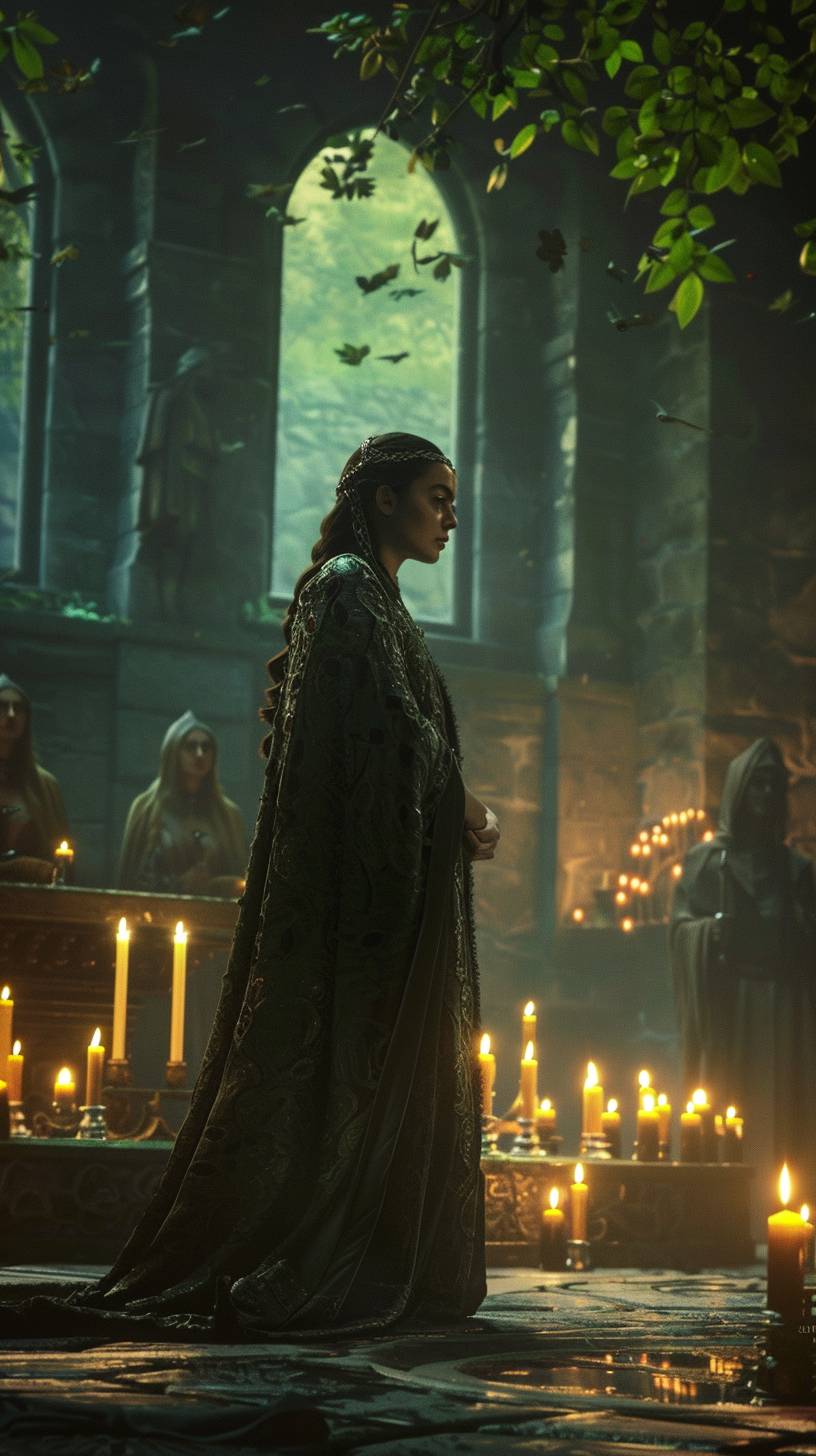 Create a highly realistic and high-quality image of Queen Nymeria's return in the Game of Thrones prelude. The image should depict a dramatic or emotional scene that captures the essence of the plot. The setting should be detailed and atmospheric, reflecting the genre and style of the film or series. If possible, include iconic or symbolic elements that are significant to the story. Lighting and composition should be used to enhance the emotional impact of the scene. This image is perfect for use on movie review blogs, streaming sites, or DVD covers.