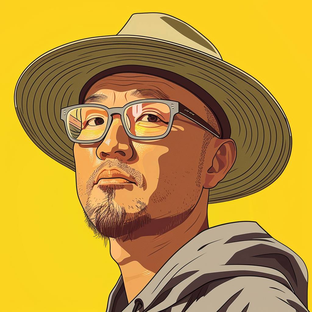 清潔に剃られた40歳の日本人男性を描いた、カラフルで芸術的なイラスト。男性は広いつばの帽子、眼鏡、フーディーを身に着けています。背景は黄色で、構図は対角線の角度です。自然光がシーンを照らしています。