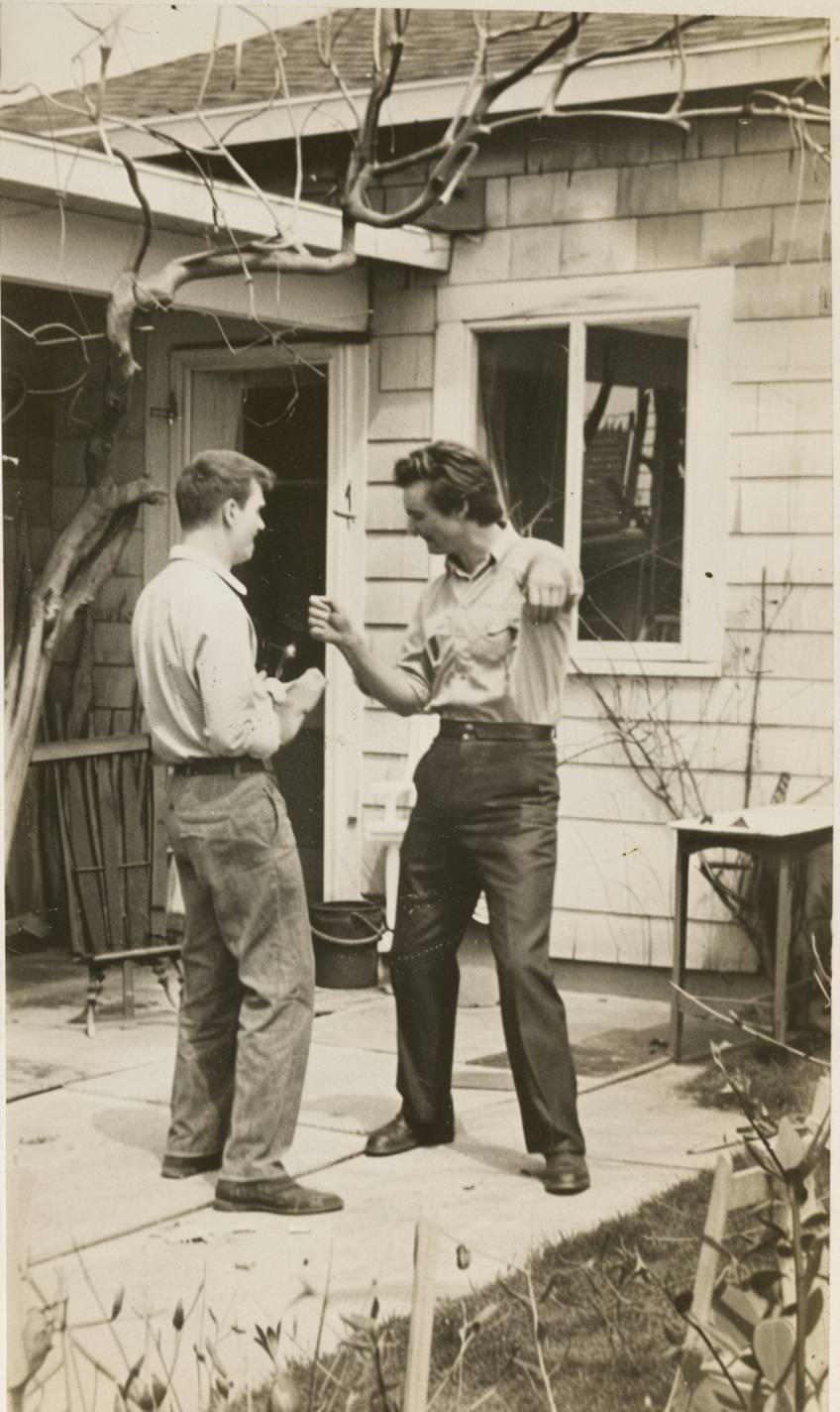 二人の男性、兄弟、片方は髪の毛があり、庭の外で口論している、1980年、リアルな腕、ビンテージ写真、フラッシュ撮影