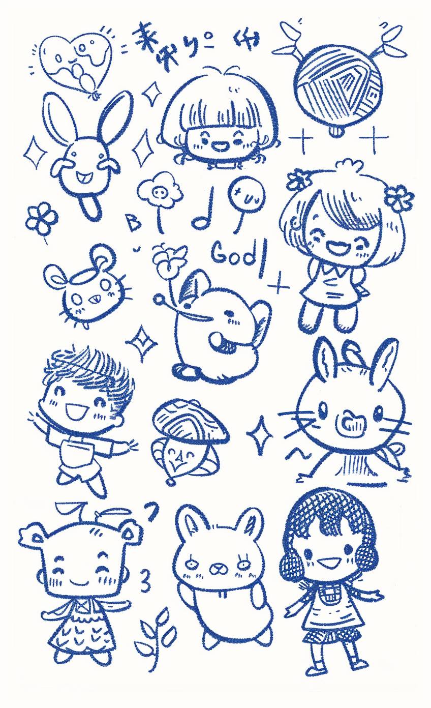 Cute stickers, simple line drawings of cute characters with various symbols and words written on them such as 'Fed povu summer day plants and flowers jump hello my girl how area is so good! Dark blue outline, white background, simple details, minimalism, Japanese manga style. The lines have no shadows or shading, giving it an elegant appearance. A sticker sheet design featuring multiple designs in one artwork. There should be some space between each character for coloring. High resolution.
