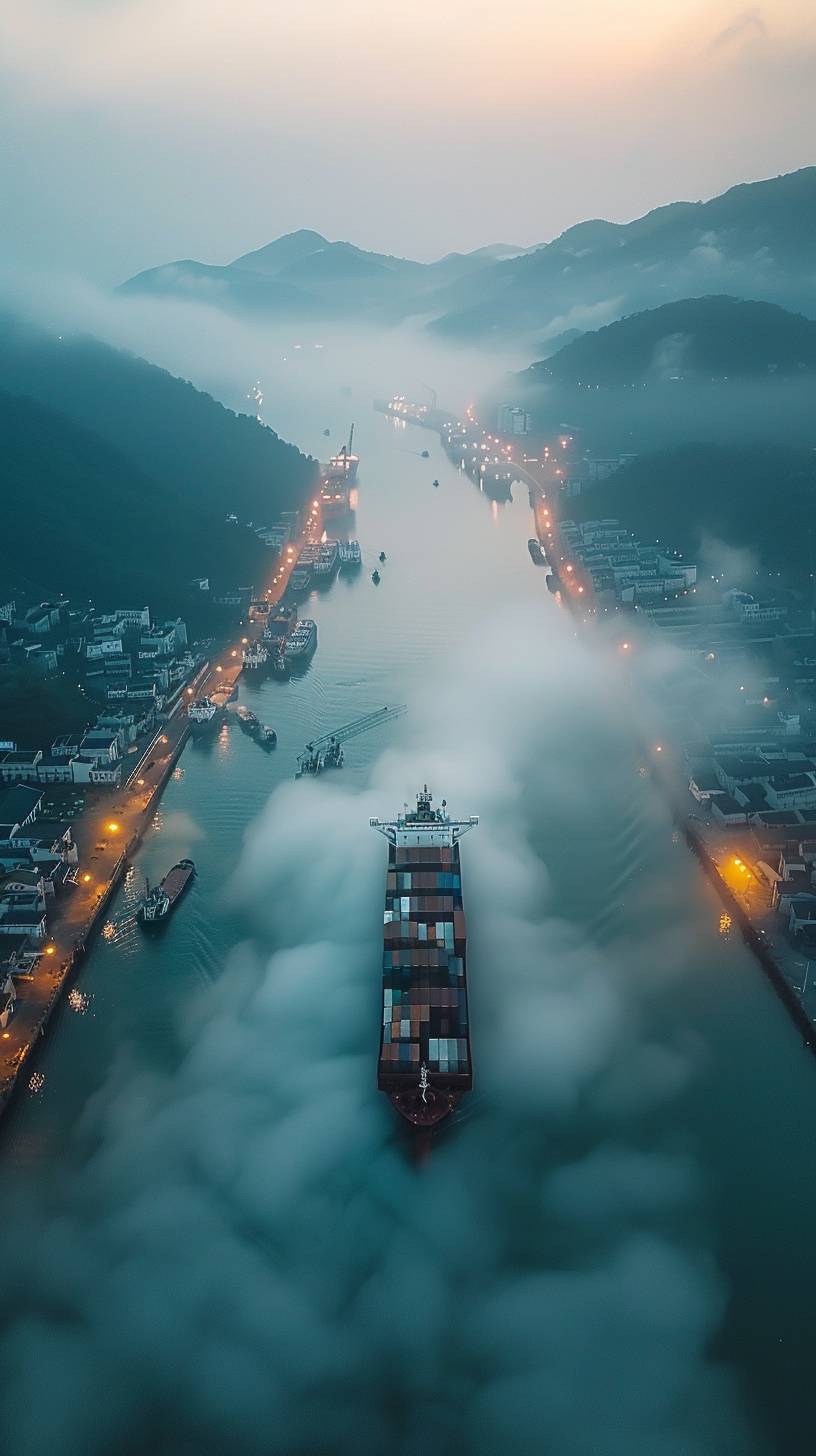早朝の霧の中、中国の外国貿易港では貨物船が出航し、景色は美しい