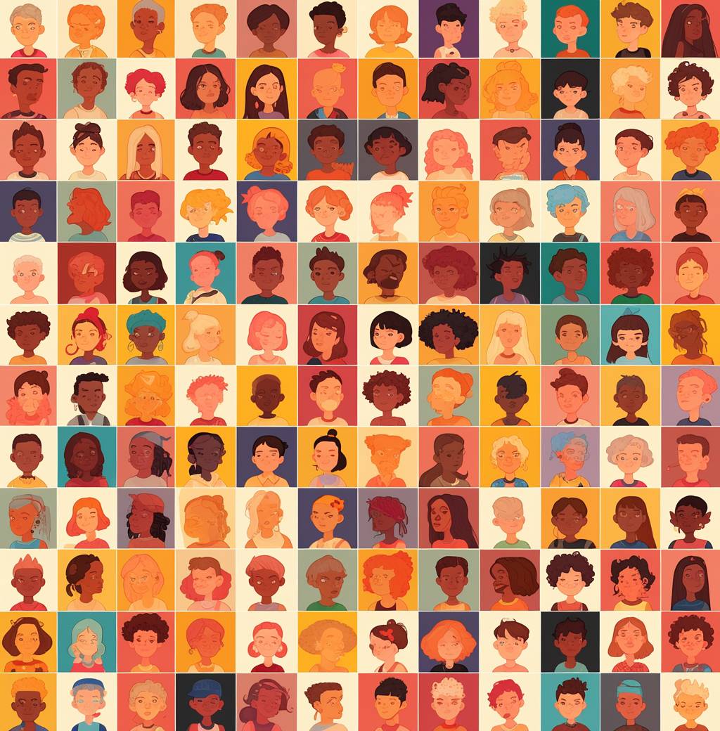 An illustration of over one thousand diverse avatars arranged in rows and columns, each representing different people with various hair colors, skin tones, styles, body shapes, or facial features. The background should be flat to highlight the variety among these avatar images. Each row could include between five and ten avatars. This design would create a visually dynamic pattern that captures diversity across multiple aspects such as gender, age group, nationalities, etc., making it suitable for social media profile pictures or digital art projects.