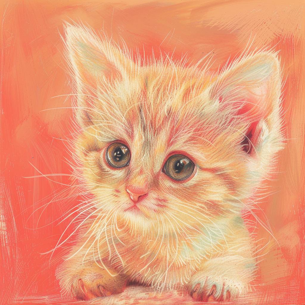A drawing of a kitten, in the style of pastel markers, quirky character design, pastel oil, subtle tones, cutecore, red
