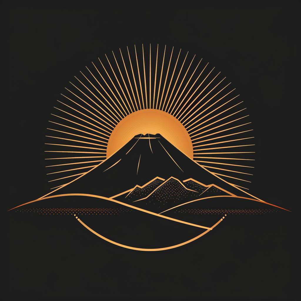 レトロフューチャリズムに触発された富士山の上にあるミニマリストの太陽デザインロゴ、クリーンな線画、ファインアート、ベクターグラフィックス、オーガニックデザイン