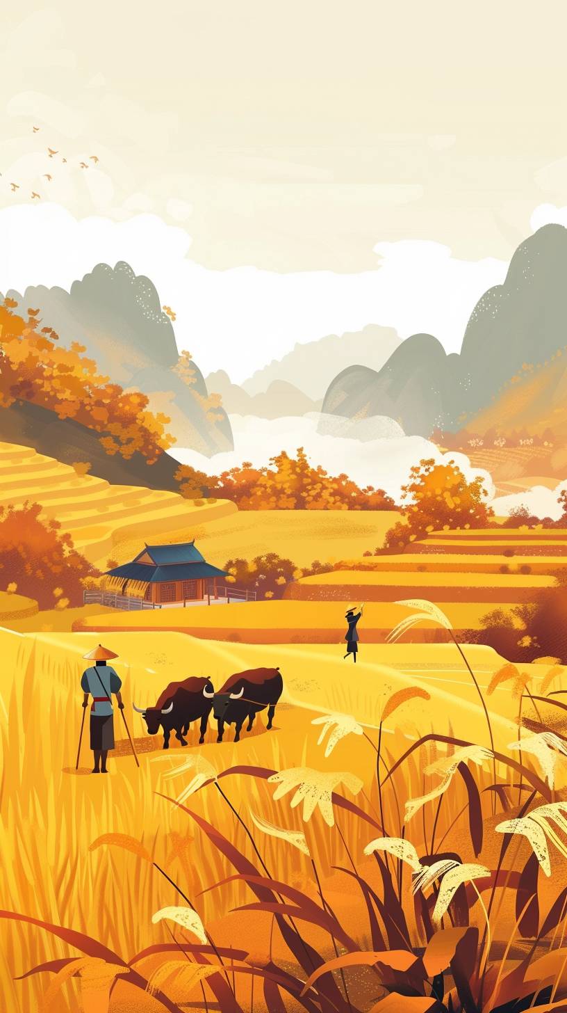 古代中国の男性と女性が牛に耕作をしているポスターで、周囲には明るい黄色やオレンジ色の稲田が広がっています。シンプルなイラストはミニマリストで、高解像度のポスタースタイルです。遠くには金色の山々が見え、田畑で働く農民もいます。カートゥーンのようなベクターアートスタイルで、カラフルな風景が高解像度で詳細に表現されています。