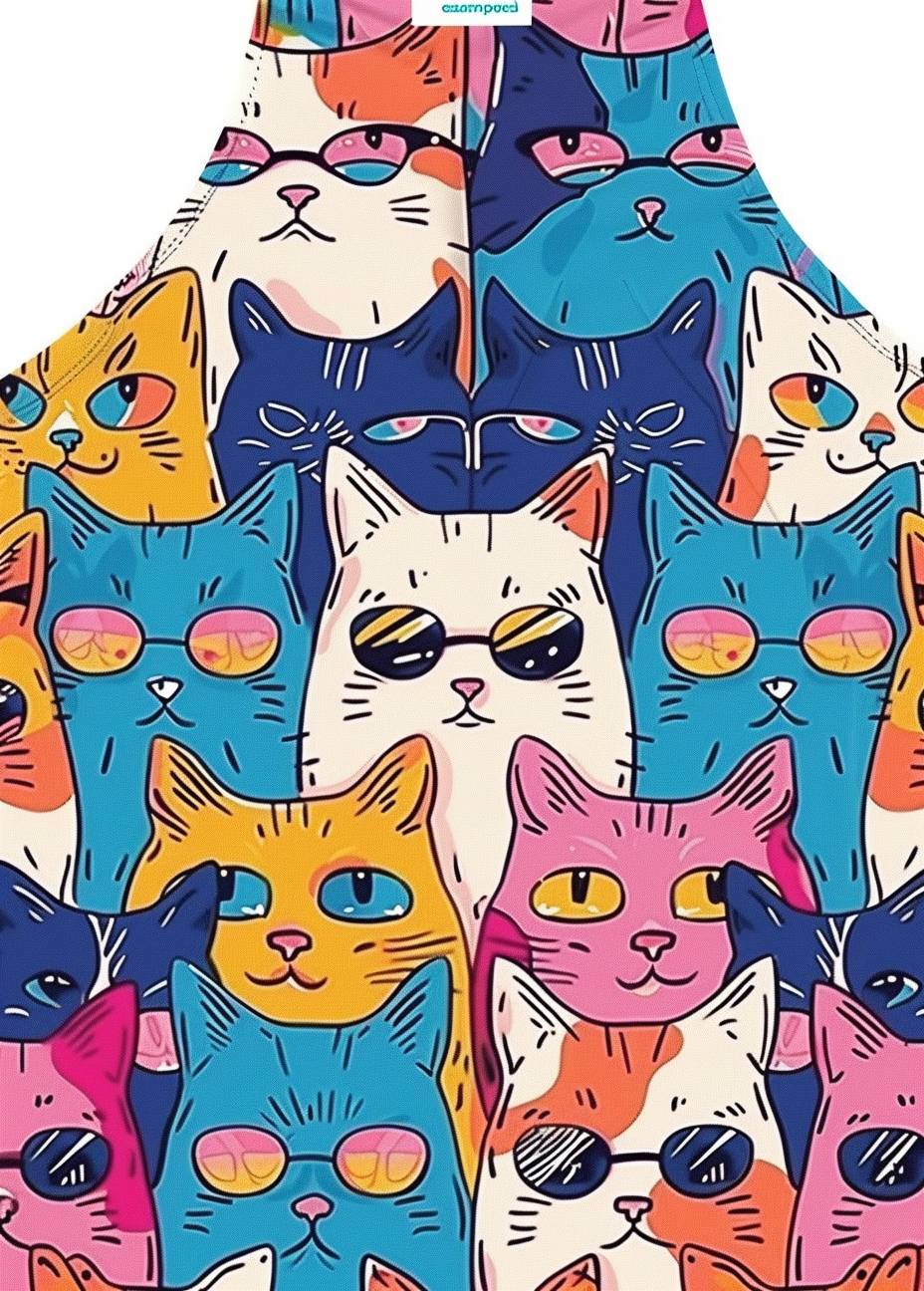 A pattern of colorful cartoon cats with different expressions and colors, such as pink or blue, wearing sunglasses on their heads.