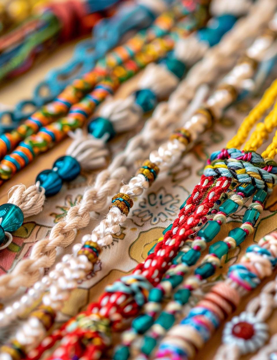 Studio photograph from above of a table with beaded crochet rope bracelets. Closeup. Shallow depth of field.