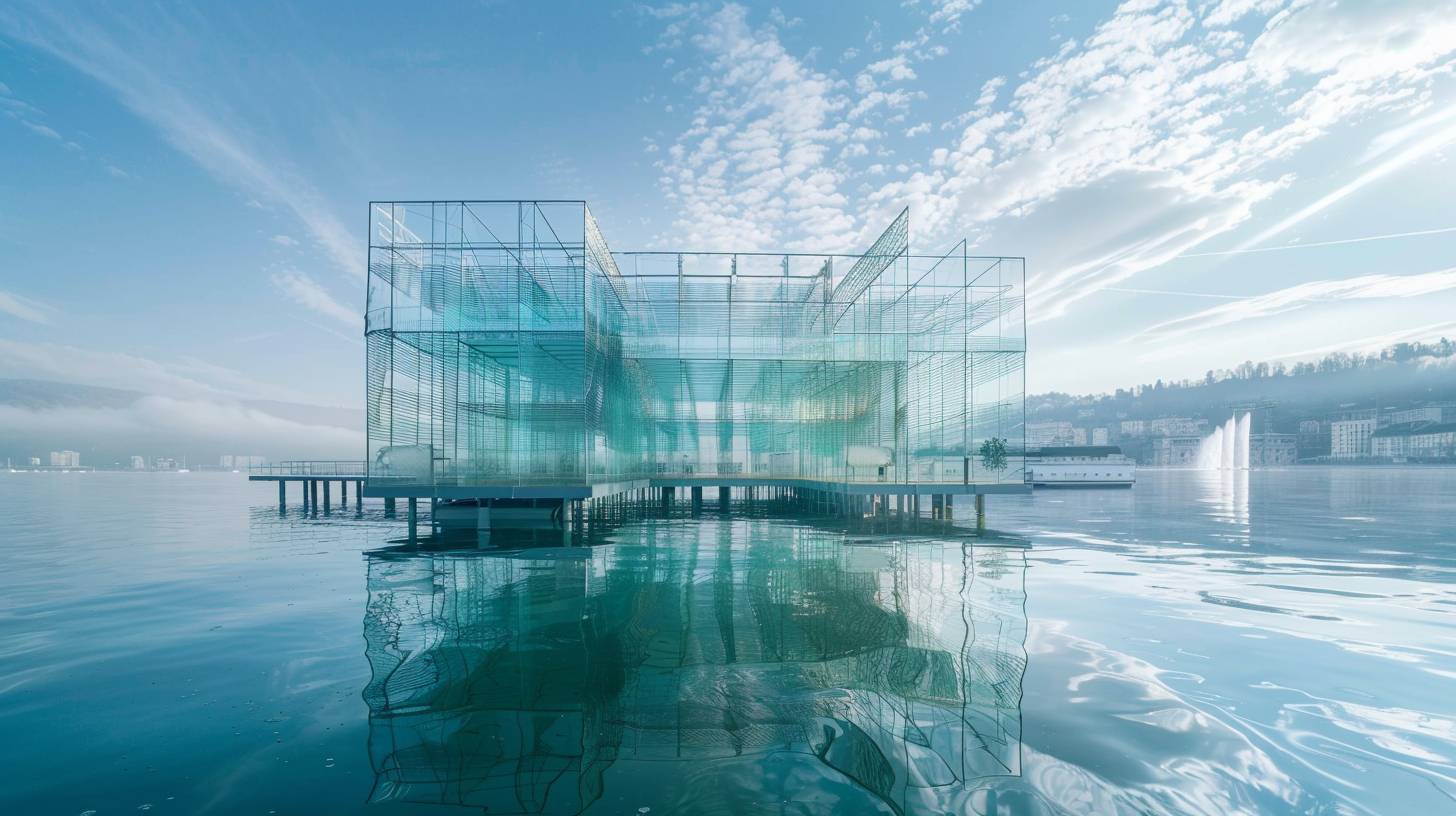 Transparent recursive glass structure designed by Renzo Piano on the water, cinematic architectural photograph